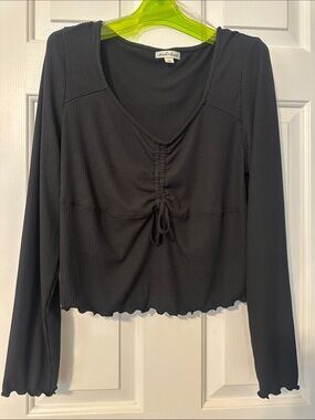 NWT Derek Heart Black Ribbed Long-Sleeve Drawstring Top